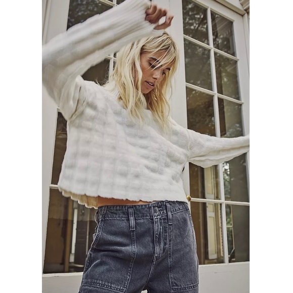 NWT Free People Soul Searcher Checkered Mock Neck Sweater Ivory - Picture 7 of 7